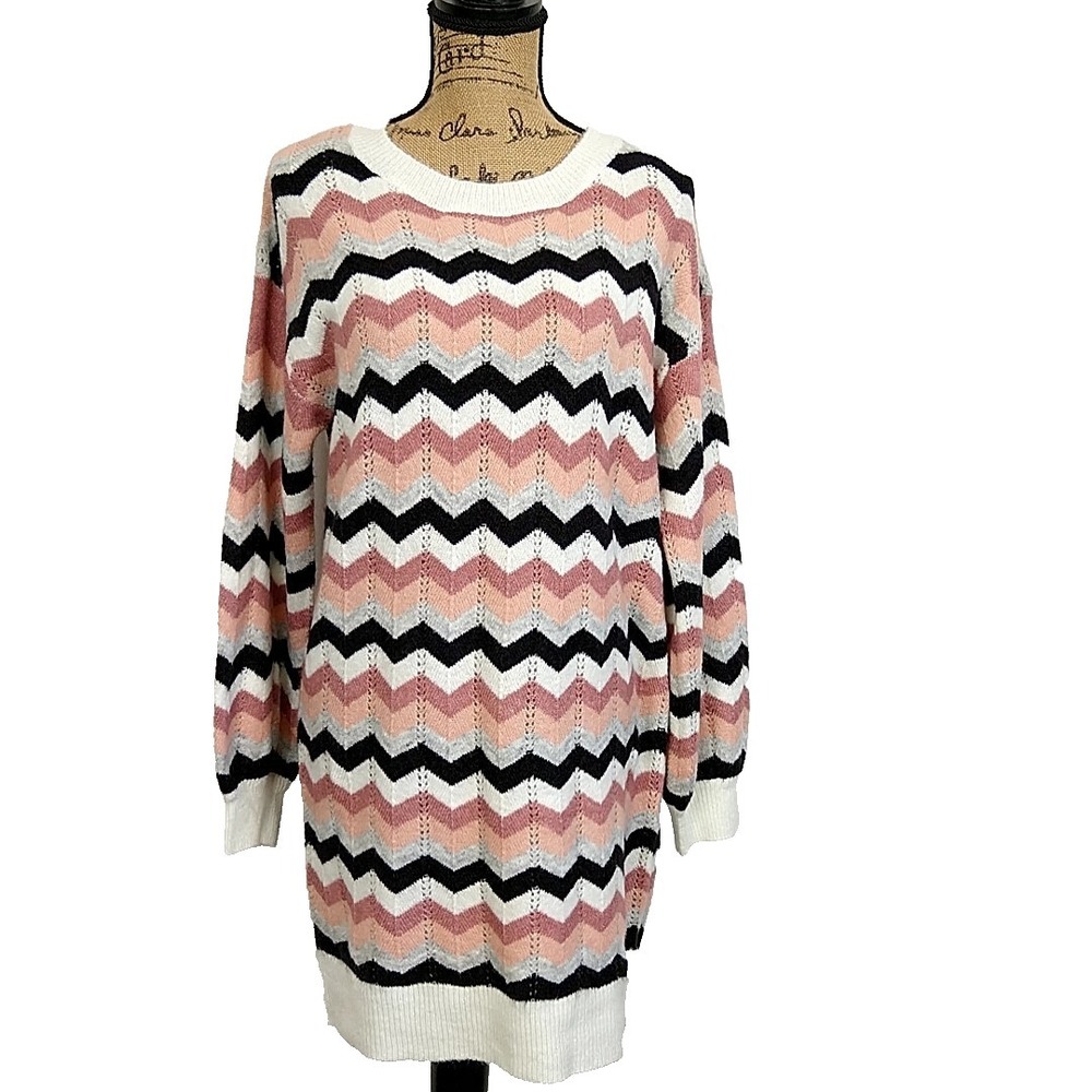 Pink Lily Chevron Knit Sweater Tunic Dress Oversized Cozy sz M Cabincore